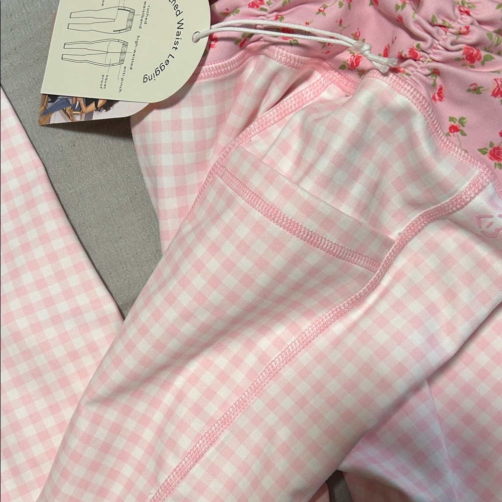 Blogilates Pink Gingham Leggings with Floral Ruched Waistband - Picture 7 of 9